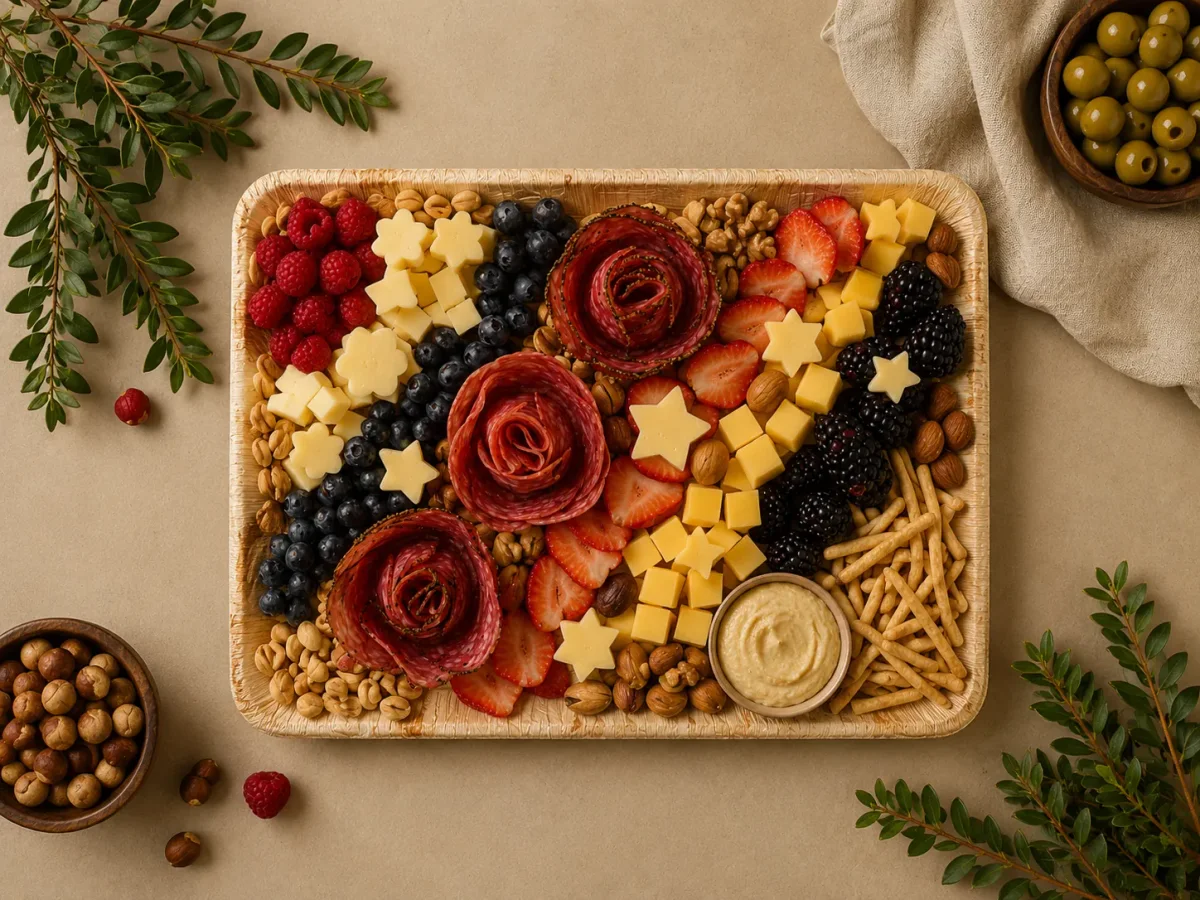 A grand round board of cheese, fruit and charcuterie