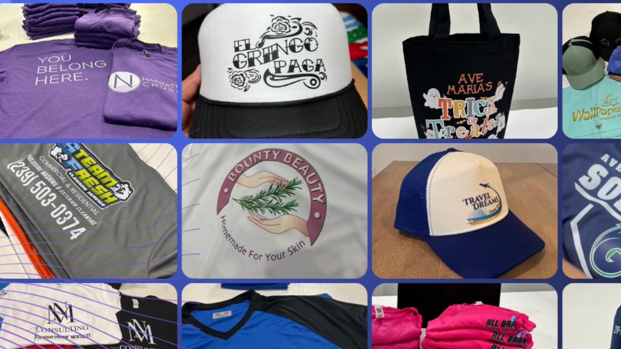 Shirts, caps and totes printed by Evibes for local businesses