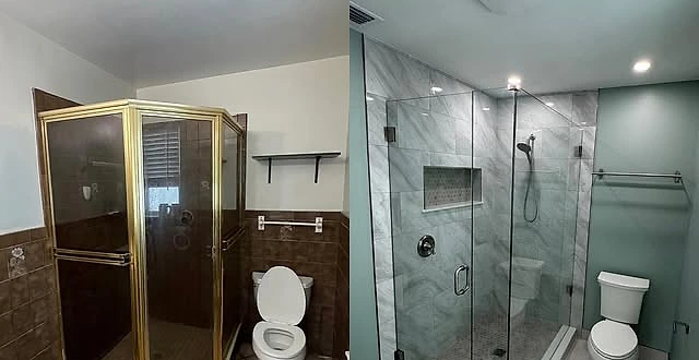 A bathroom remodel by JMC Improvements, before and after